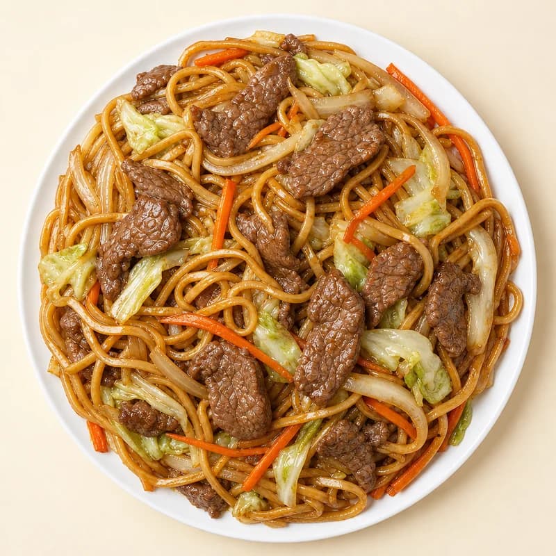 Beef lo mein with soft noodles and vegetables