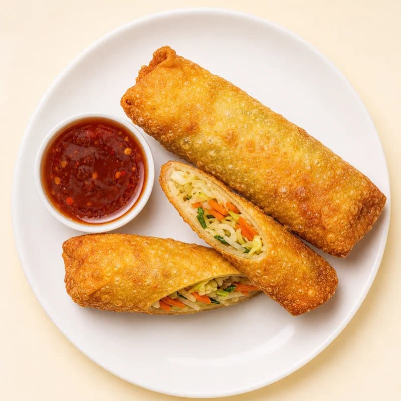 Two crisp egg rolls with dipping sauce