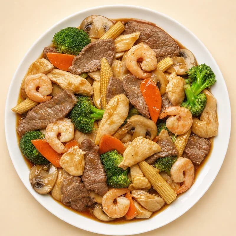 Happy family with chicken, beef, shrimp and vegetables in brown sauce