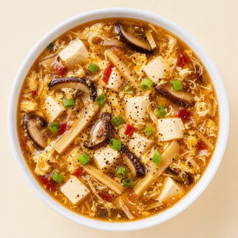 Hot and sour soup with tofu, bamboo and egg