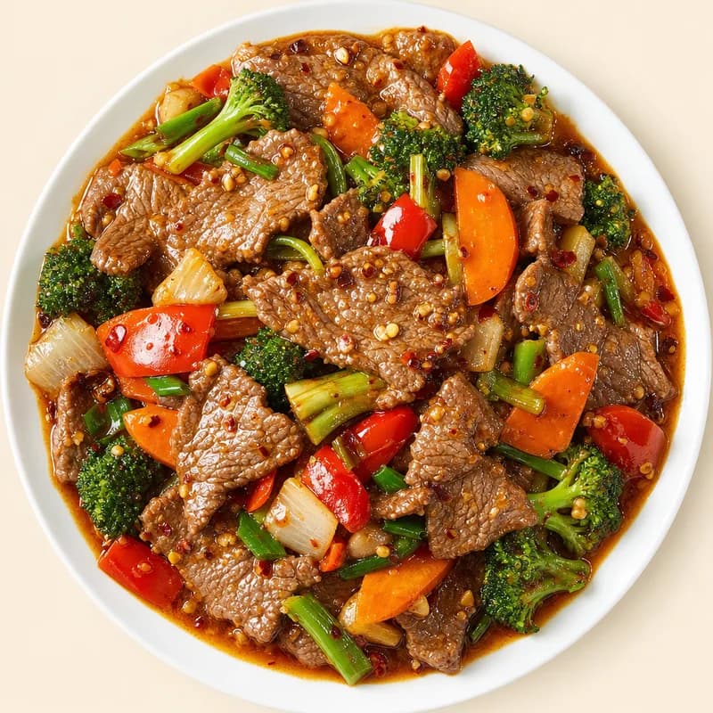 Spicy hunan beef with mixed vegetables in garlic brown sauce