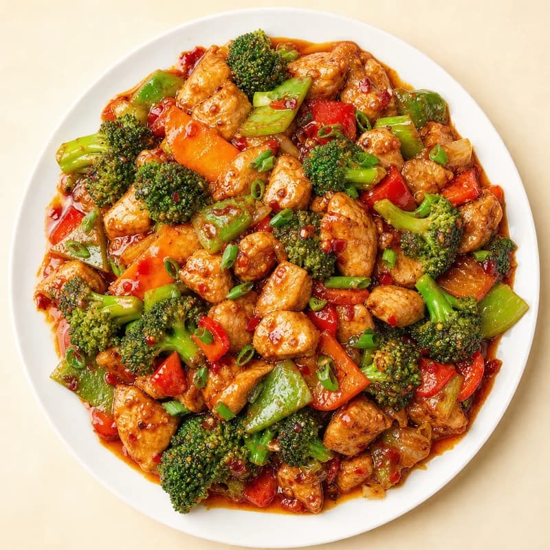 Hunan chicken with mixed vegetables in a spicy garlic brown sauce