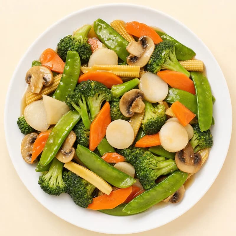 A mix of fresh stir-fried vegetables in a light garlic sauce