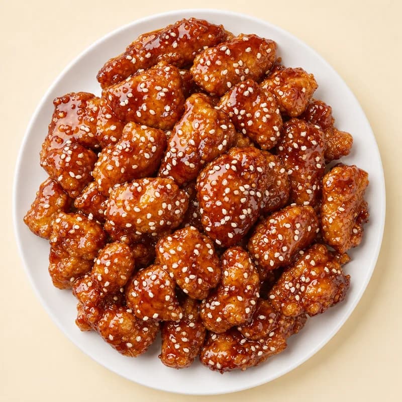 Sesame chicken in a glossy sweet glaze with sesame seeds