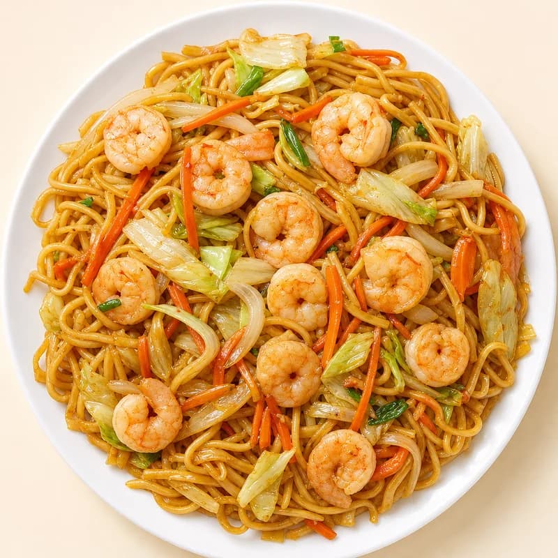 Shrimp lo mein with soft noodles and vegetables