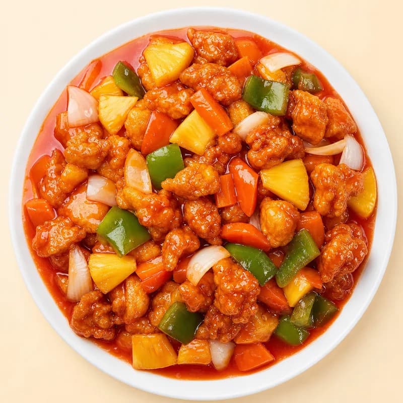 Battered sweet and sour chicken with pineapple and peppers