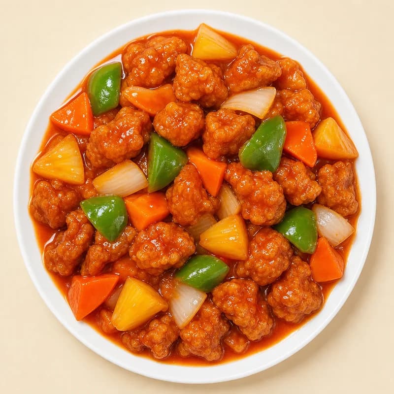 Battered sweet and sour pork with pineapple and peppers