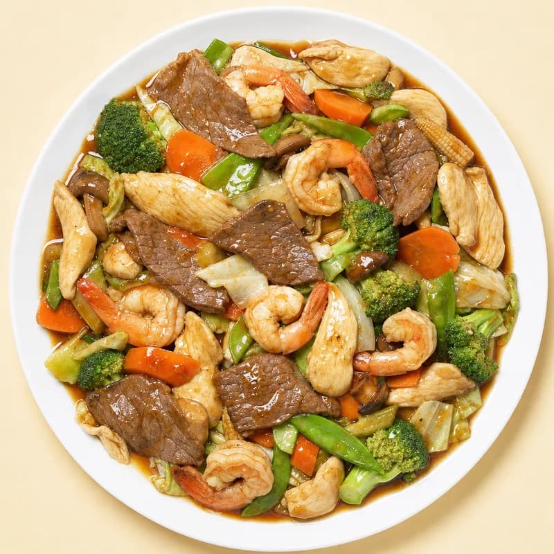Triple delight with chicken, beef, shrimp and vegetables in brown sauce